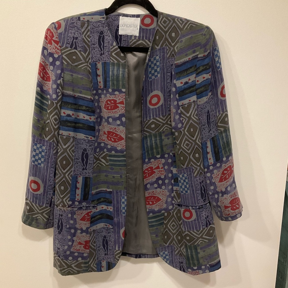 Doncaster Rayon Blue and‎ Gray Aztec Patterned Open Front Blazer Sz 10
